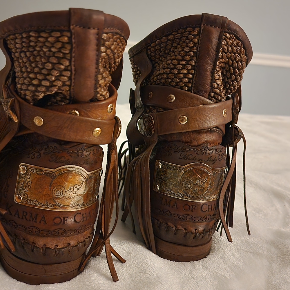 Brown Leather Fringe Boots with Embossed Metal Plate